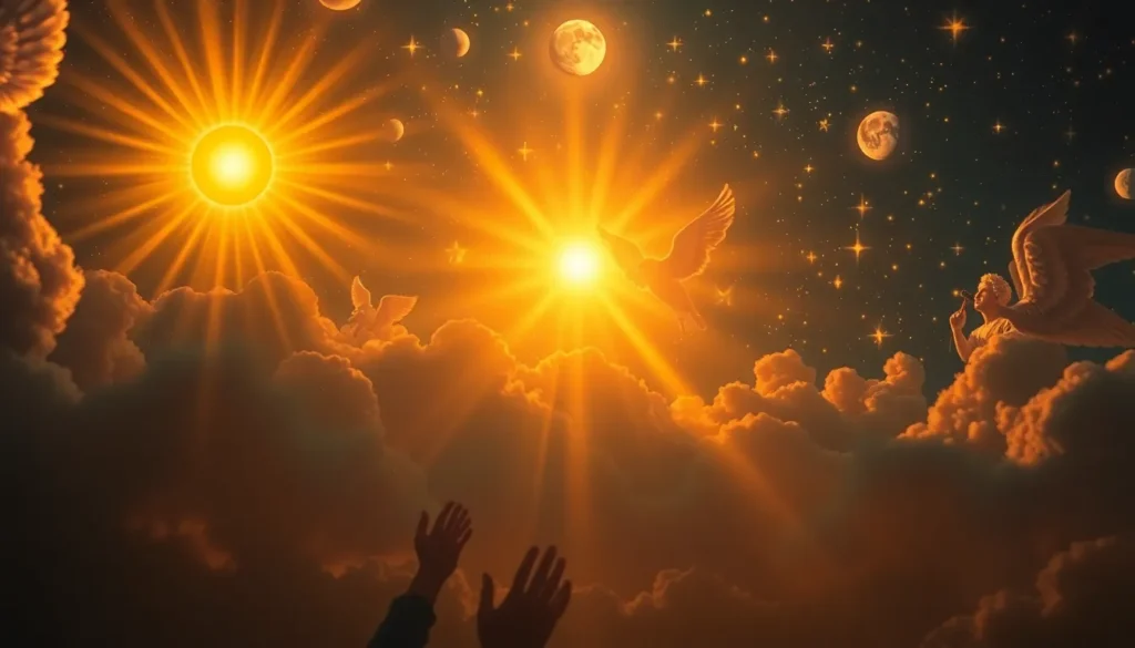 Arte devocional do Salmo 148 — os céus, os anjos, o sol, a lua e as estrelas louvam a Deus