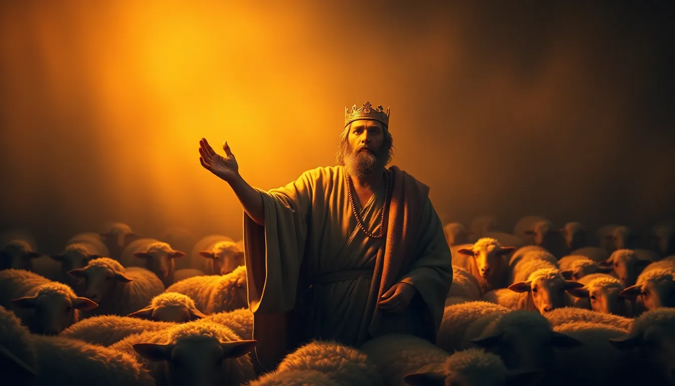 Arte devocional do Salmo 78 — o pastor escolhido guia o povo com coração sincero